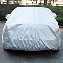 Kayme car cover front view with elastic hem for a snug fit and full vehicle protection.