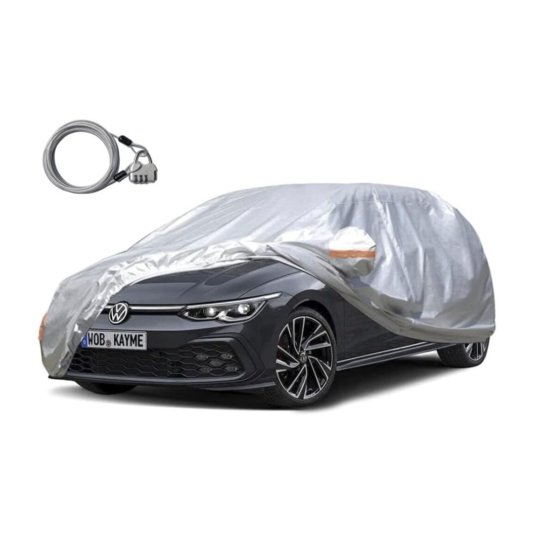 Kayme car cover for hatchback – durable 6-layer waterproof protection with lock and zipper access.