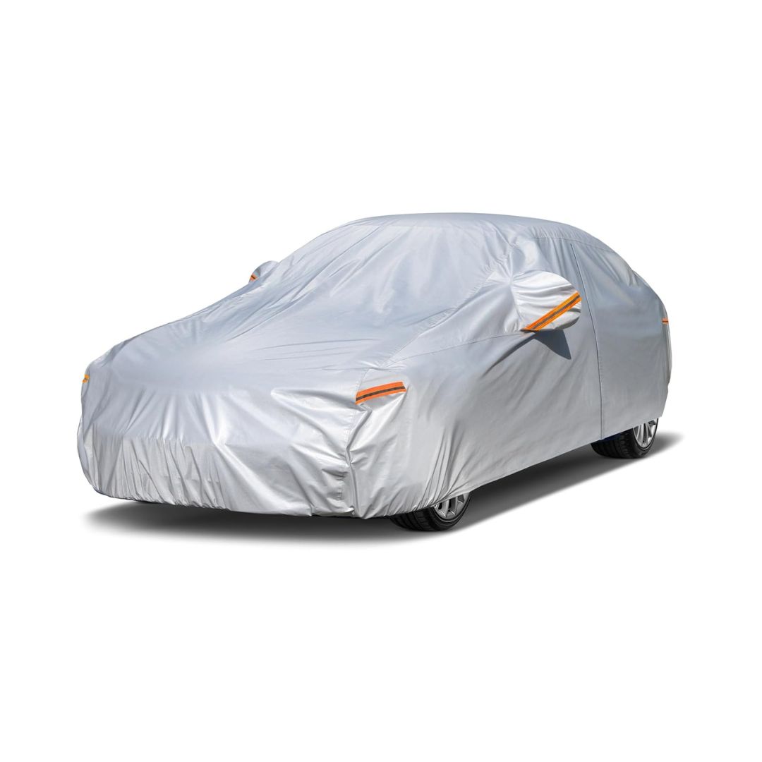 Kayme car cover – 6 layers waterproof, all-weather protection for sedans, silver with reflective strips on mirrors and corners