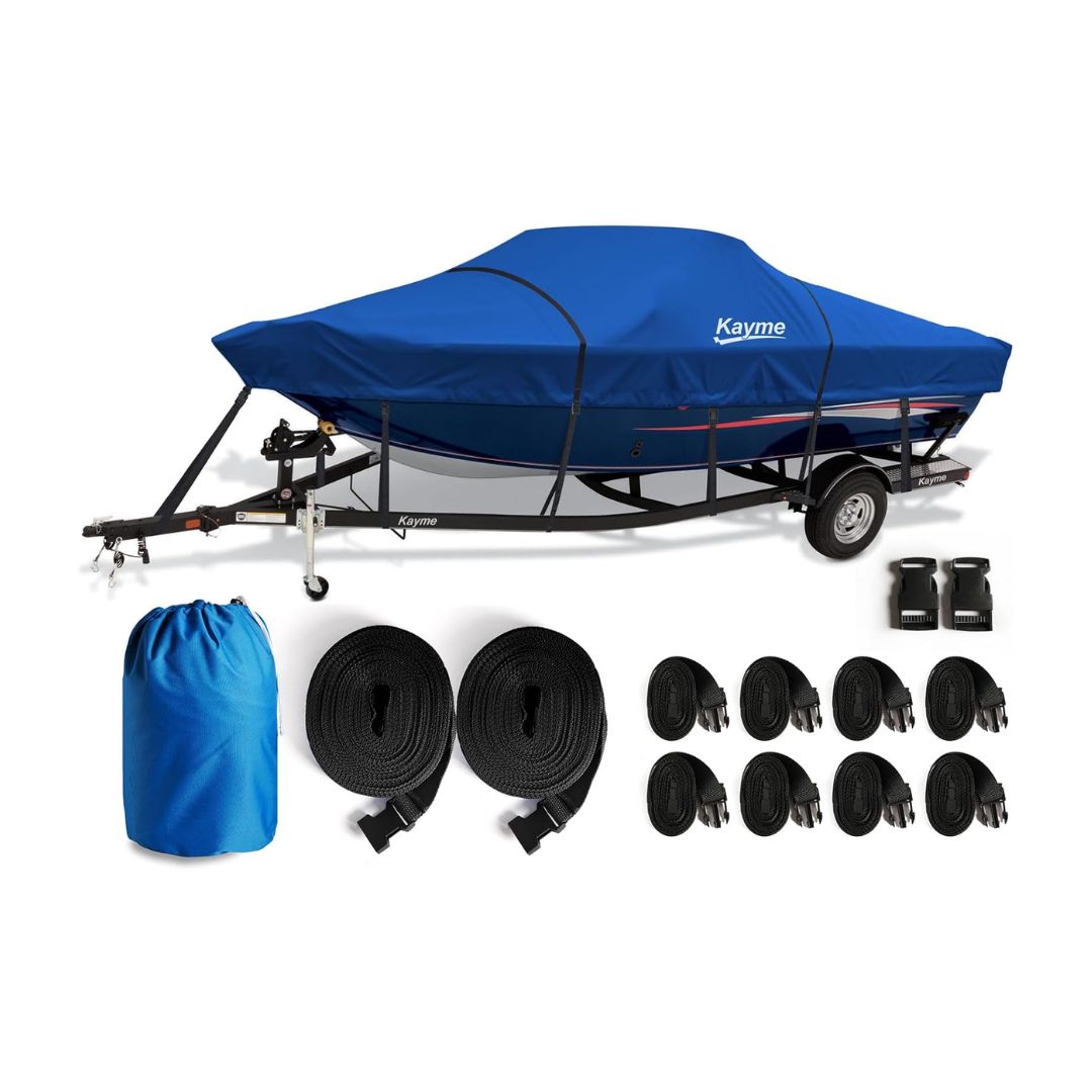 Kayme car cover boat edition – waterproof blue boat cover with straps, buckles, and storage bag for all-weather protection.
