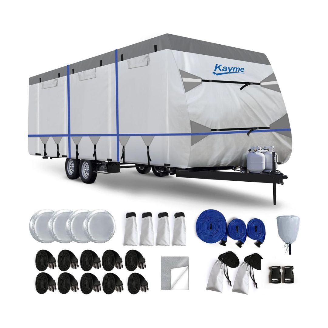 Kayme car cover RV edition – heavy-duty waterproof camper trailer cover with straps, tire covers, and storage accessories for all-weather protection.